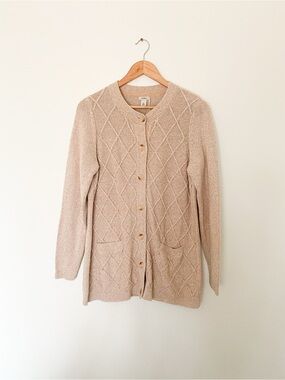 L.L. Bean Women's Cable Knit Button-Front Cardigan Sweater in Beige 100% Cotton